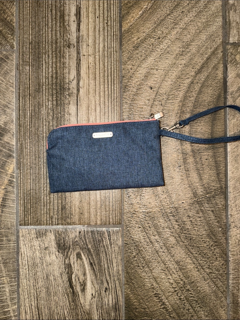 Baggallini Denim Wristlet Clutch with Coral Zipper